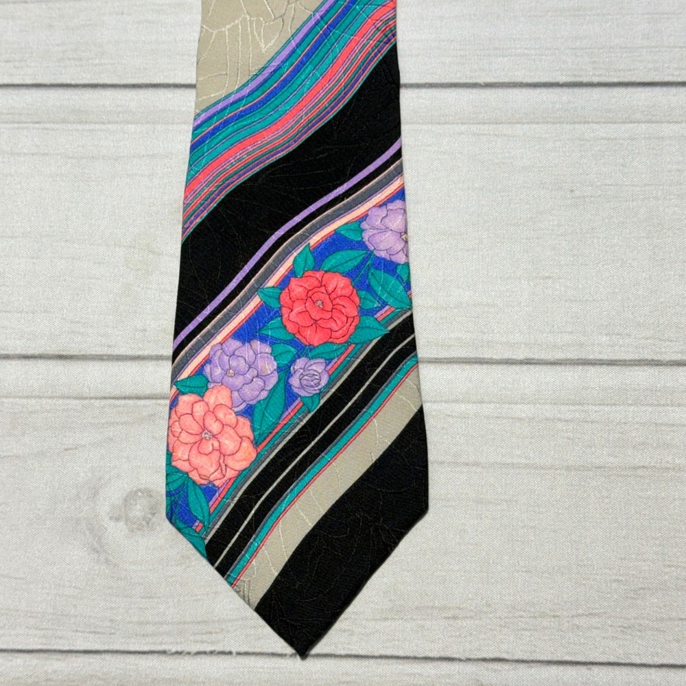 Leonard Paris Tie Black Pink Blue Floral Silk Striped Necktie Made in Italy